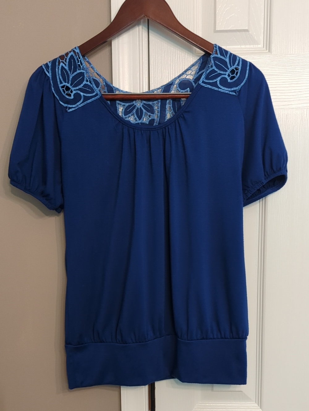 Vibrant Blue Crochet Lace Accent Puff Sleeve Blouse Top Coquette Cottagecore